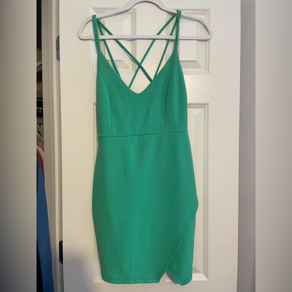 Blue Blush mini light green wrap body con dress
